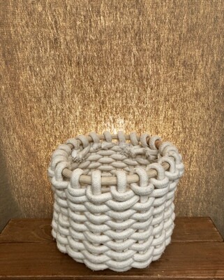 Round Coiled Cotton Basket w/Rattan Trim - White