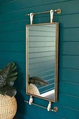 Hanging Mirror w/Antique Brass Frame &amp; Rope Detail