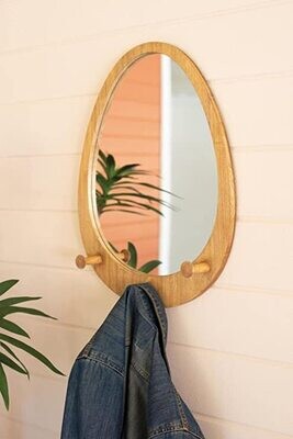 Oval Wood Framed Mirror w/Coat Hooks