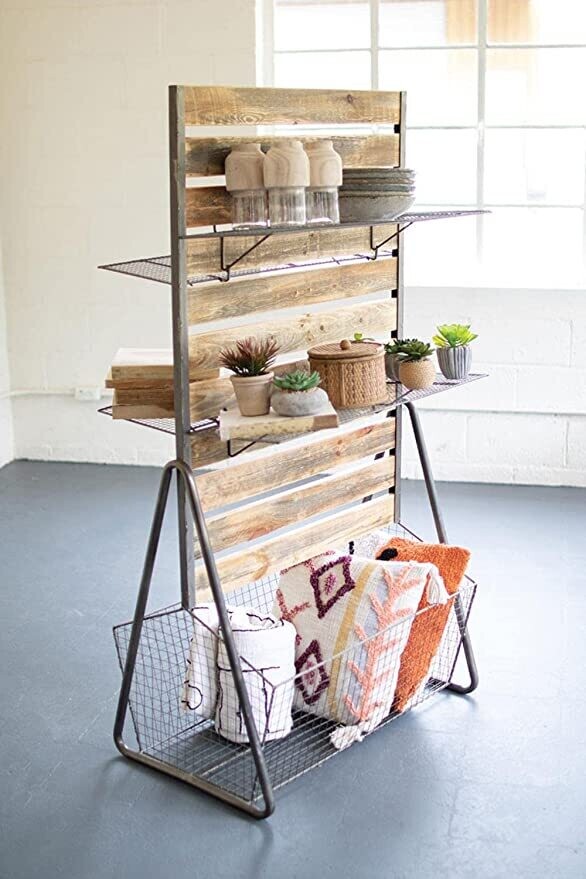 Standing Recycled Wood w/Wire Mesh Shelves &amp; Lower Basket