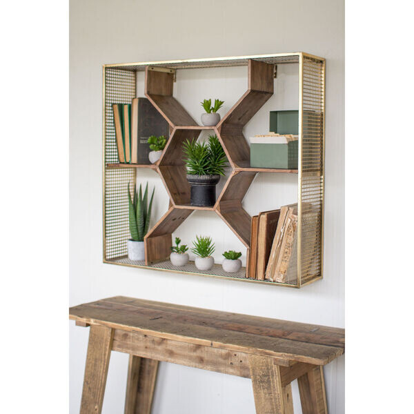 Wooden Honeycomb Shelf w/Brass Mesh Frame