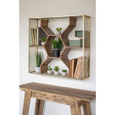 Wooden Honeycomb Shelf w/Brass Mesh Frame