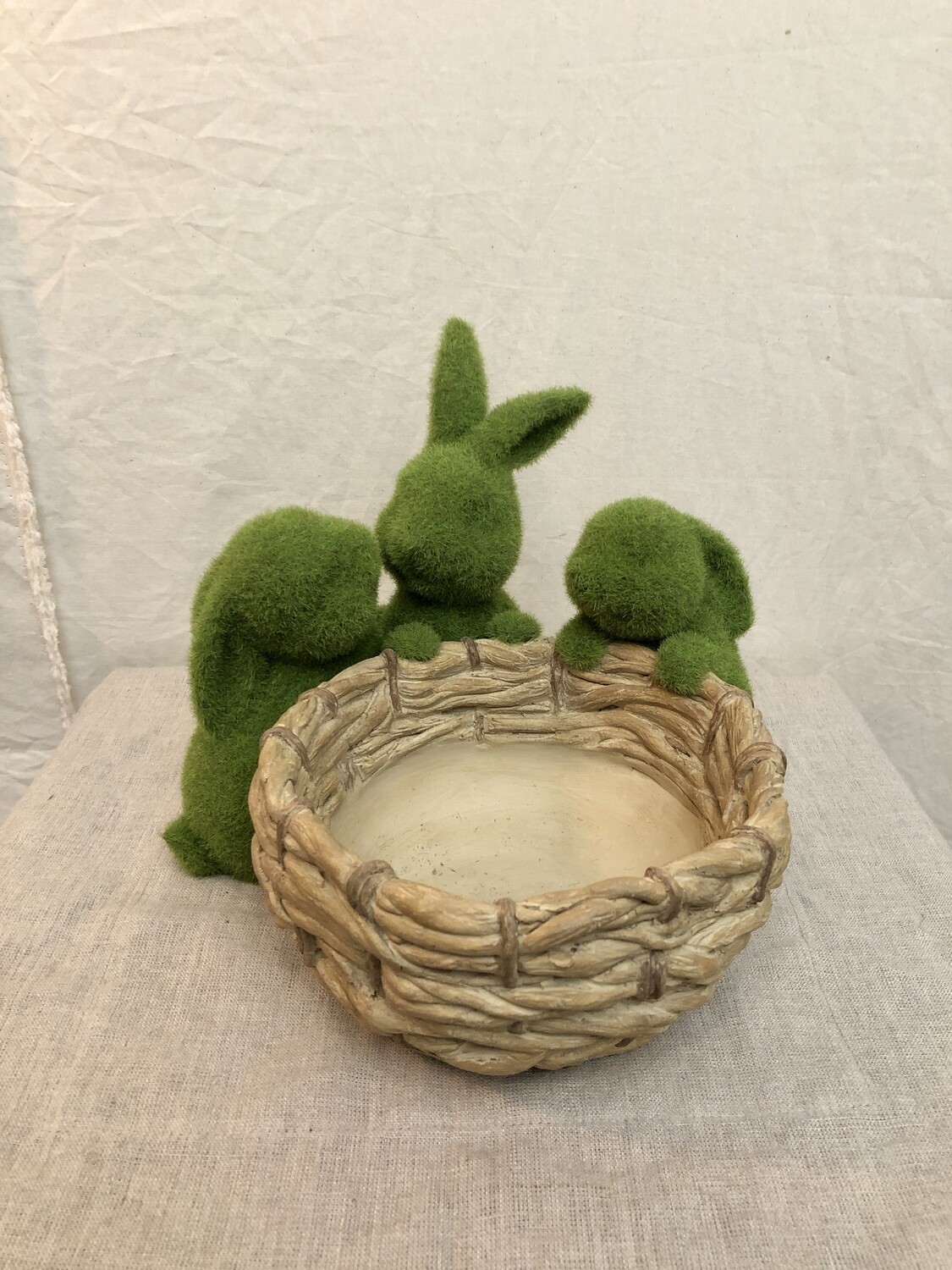 Moss Bunnies Holding Basket 8" Moss Bunnies Holding Basket 8"