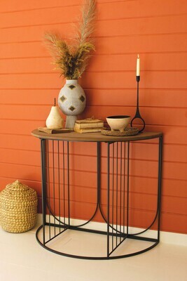 Wood and Metal Demi-Lune Side Table