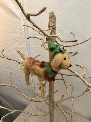 Felt Tan Dog w/Tree Hat Ornament