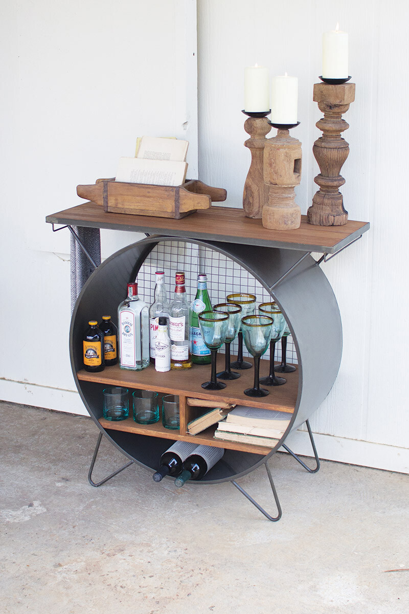 Round Metal Cubby Console with Slatted Wood Top Round Metal Cubby Console with Slatted Wood Top