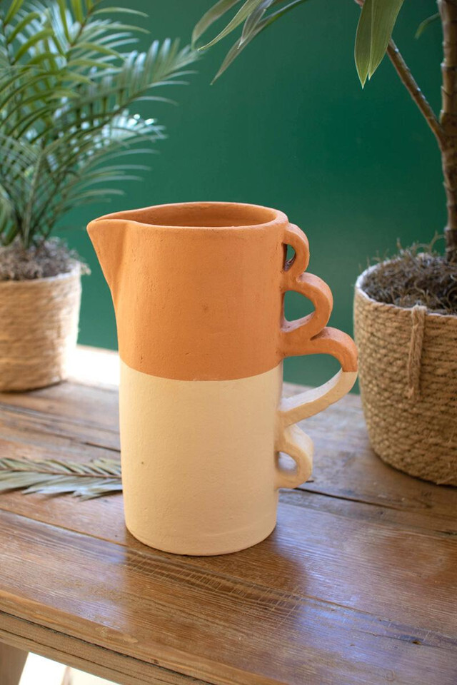 Ivory Dipped Clay Pitcher Vase w/Squiggle Handles