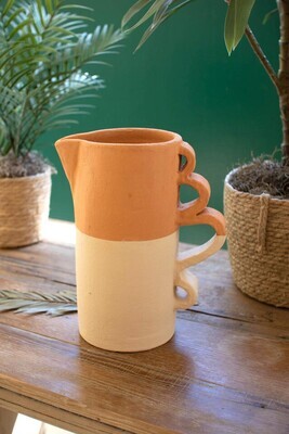 Ivory Dipped Clay Pitcher Vase w/Squiggle Handles