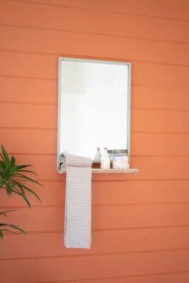 Industrial Green Rect Metal Framed Mirror w/Wooden Shelf