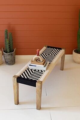 Mango Wood Bench w/Black &amp; White Cotton Weaving