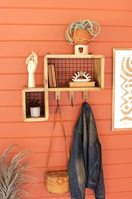 Wood &amp; Wire Mesh Shelf w/Coat Hooks