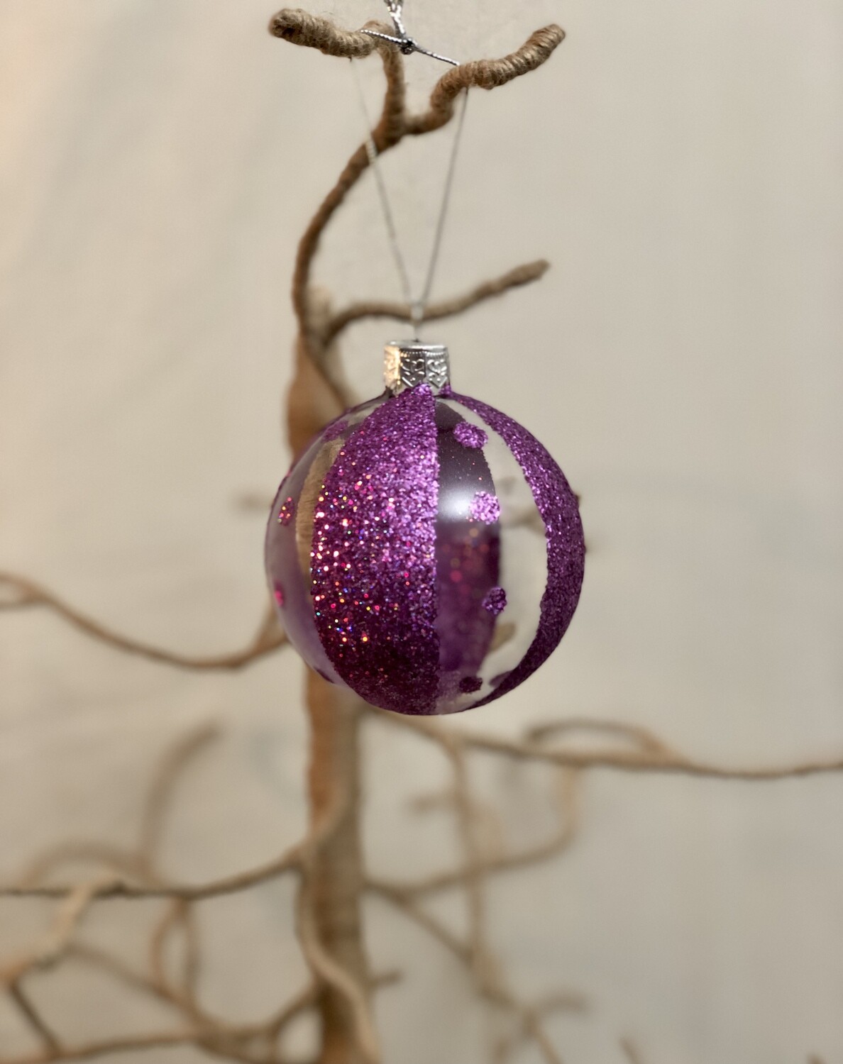 Mouth Blown Glass Ornament Sm - Purple Glitter
