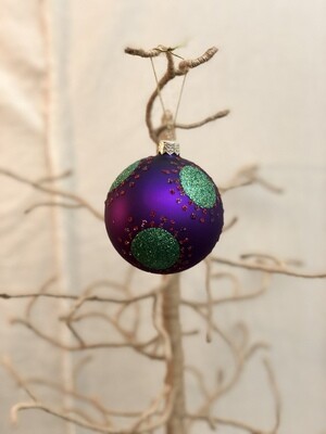 Mouth Blown Glass Ornament Med - Purple w/Green Dot