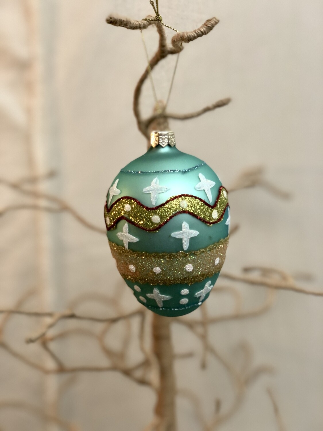 Mouth Blown Glass Egg Ornament - Teal