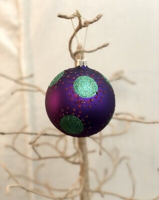 Mouth Blown Glass Ornament Lg - Purple w/Green Dot