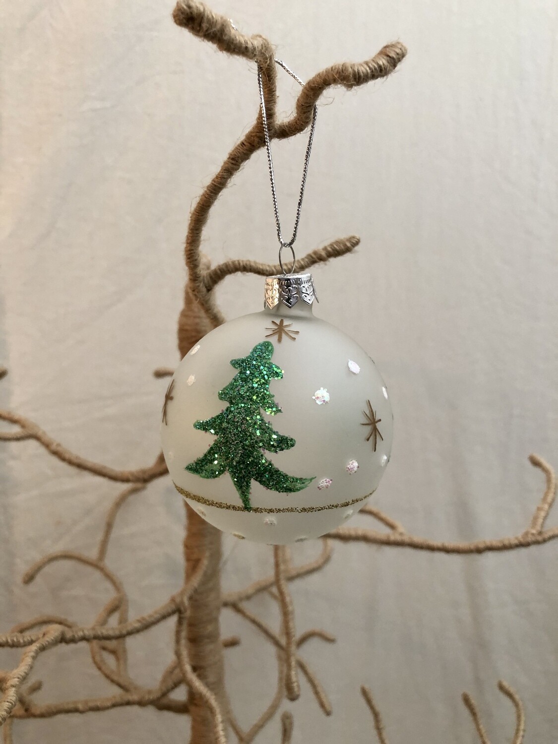Mouth Blown Glass Ornament Sm - Green Glitter Tree