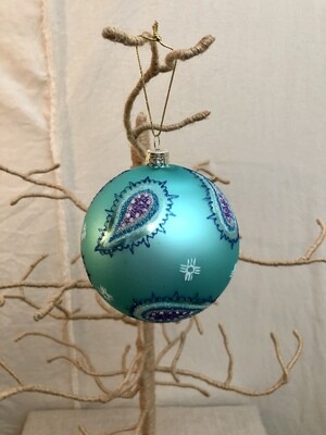 Mouth Blown Glass Ornament Lg - Turq Paisley
