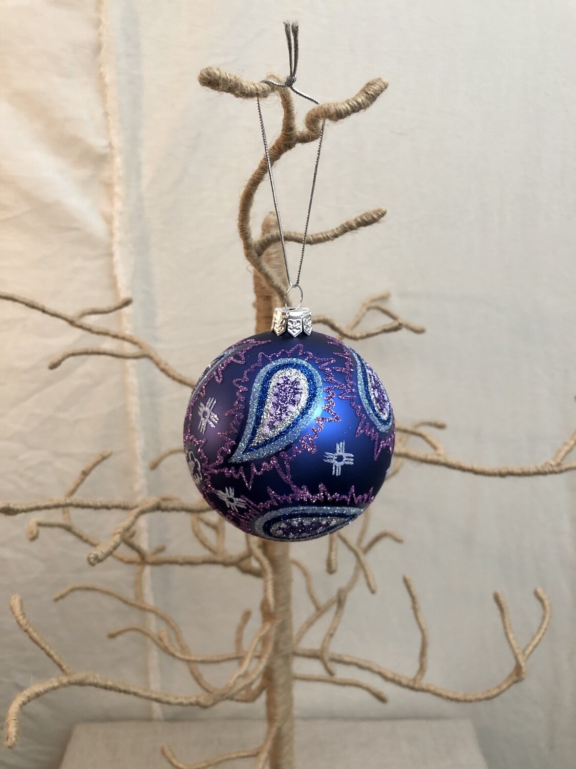 Mouth Blown Glass Ornament Med - Purple Paisley