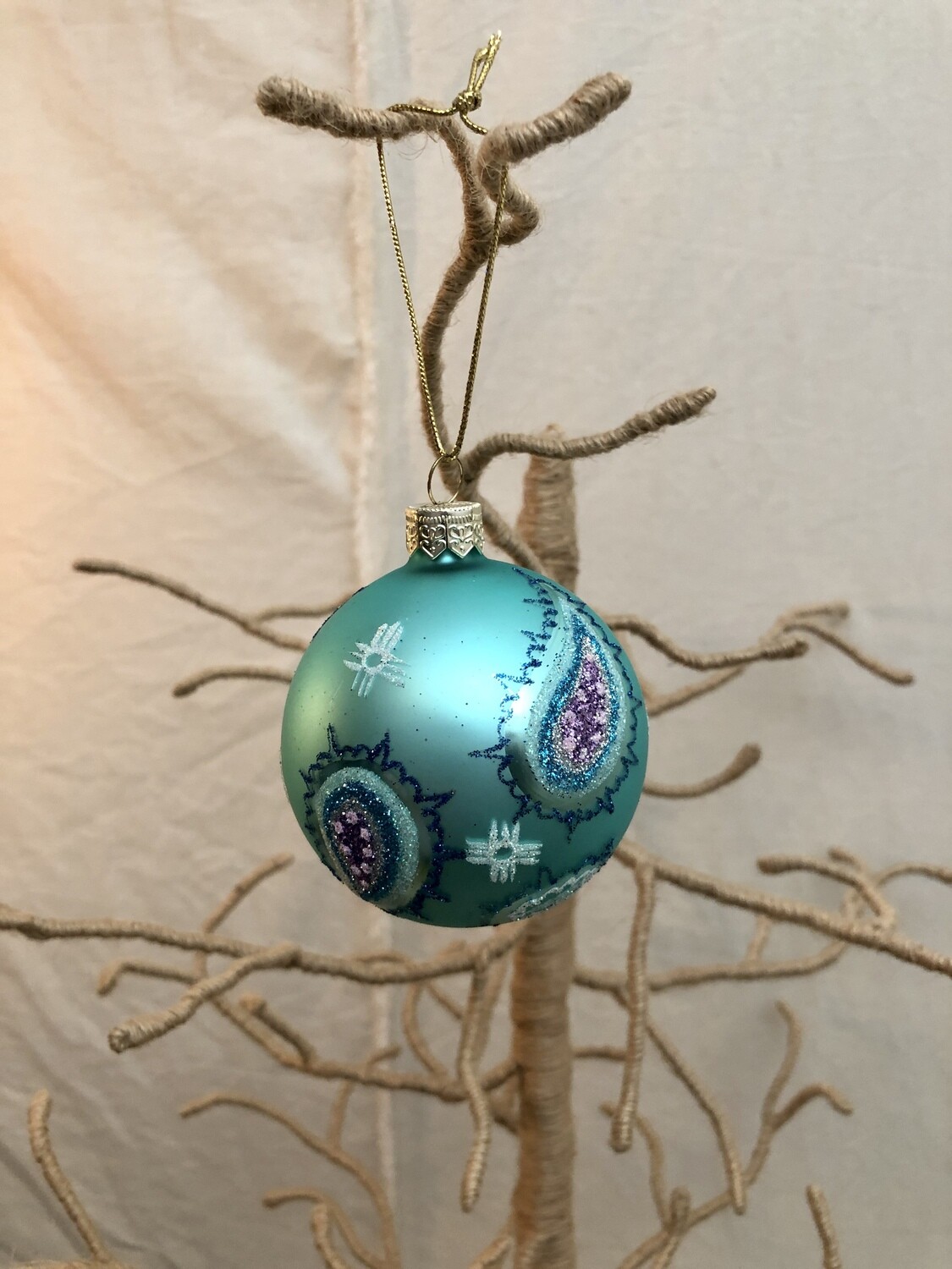 Mouth Blown Glass Ornament Sm - Turq Paisley