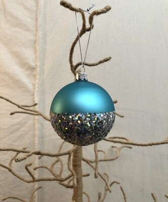 Mouth Blown Glass Ornament Med - Turq &amp; Silver Glitter
