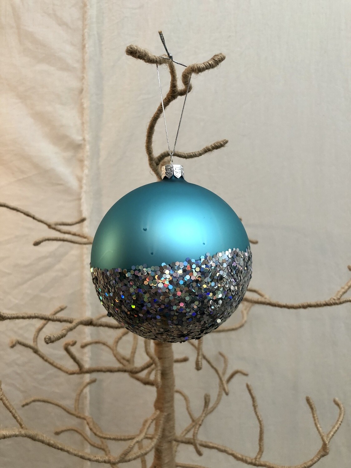 Mouth Blown Glass Ornament Lg - Turq &amp; Silver Glitter