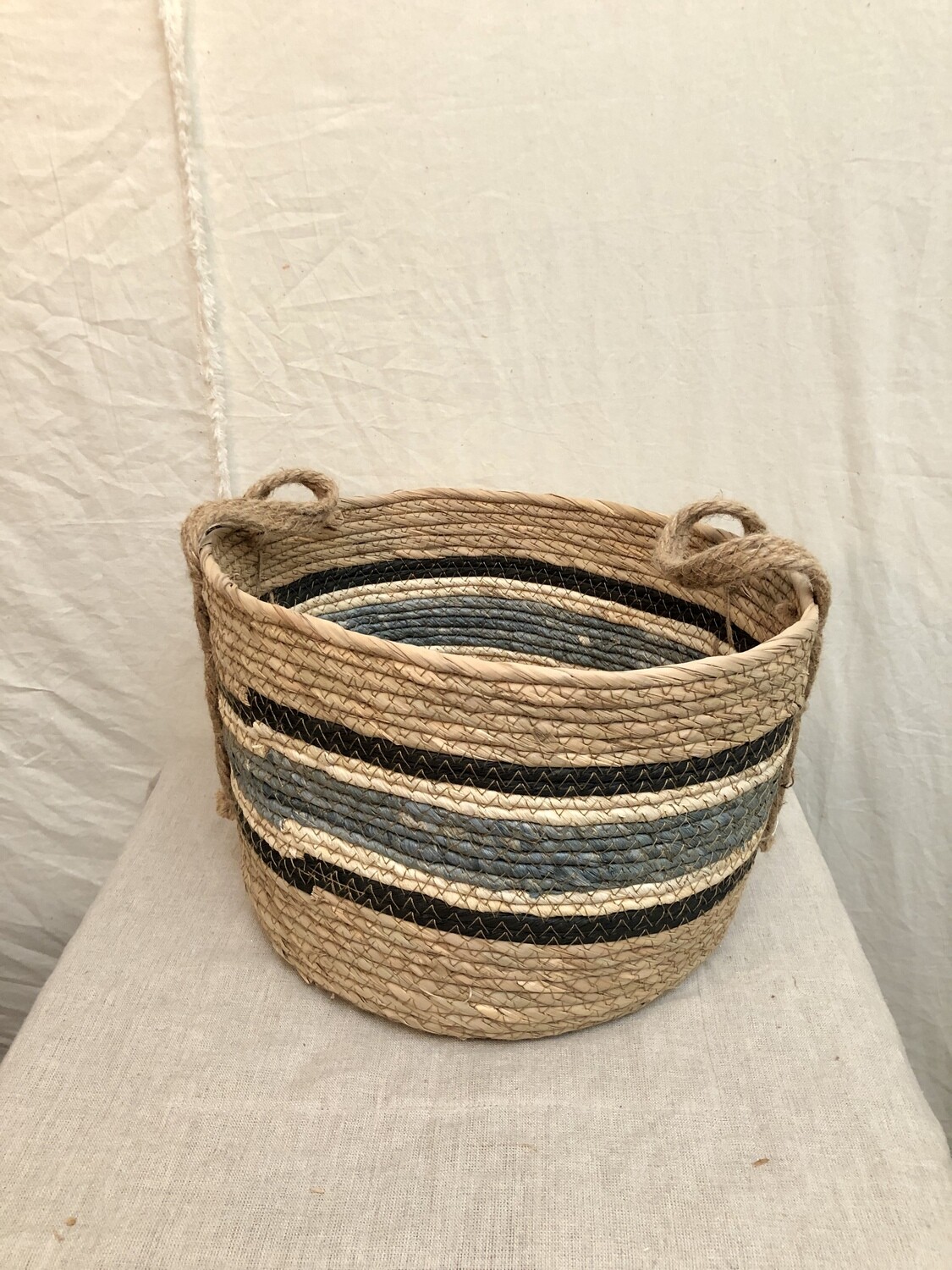 Blue Stripe Round Rush Basket Med