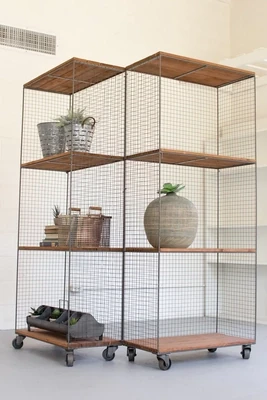 Two Hinged Raw Metal &amp; Honey Wood Shelving Units On Casters