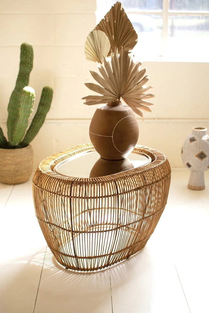 Woven Bamboo Table w/Mirror Top