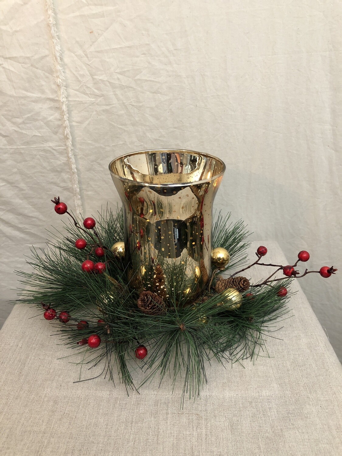 Glass Hurricane w/Garland Ring Lg Gold Glass Hurricane w/Garland Ring Lg Gold