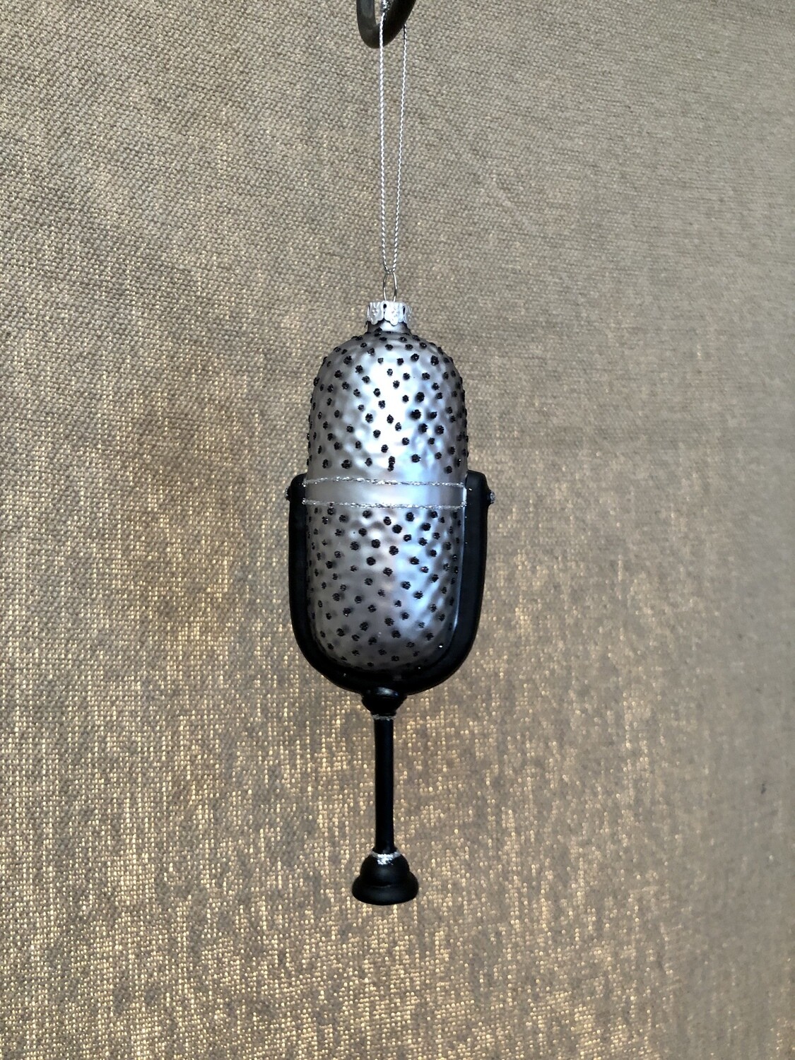 Blown Glass Silver &amp; Black Microphone Ornament