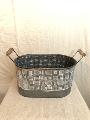 Galv whitewash Oval Container w/Handle Lg