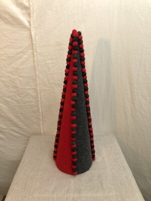 Pompon Cone Topiary Red/Gray Med Pompon Cone Topiary Red/Gray Med