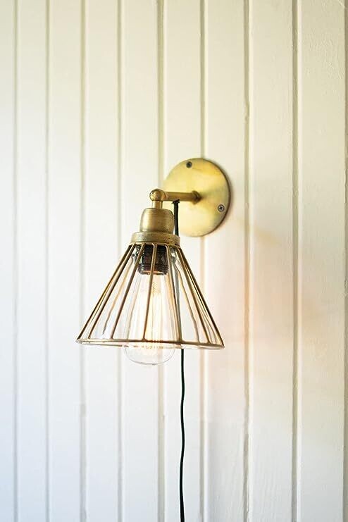 Antique Brass Wall Lamp w/Caged Glass Shade