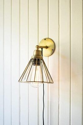 Antique Brass Wall Lamp w/Caged Glass Shade