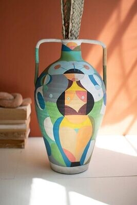 Hand-Painted Ceramic Multi-Colored Urn w/2 Handles
