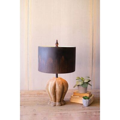 Table Lamp w/Natural Wooden Base &amp; Dark Metal Barrel Shade