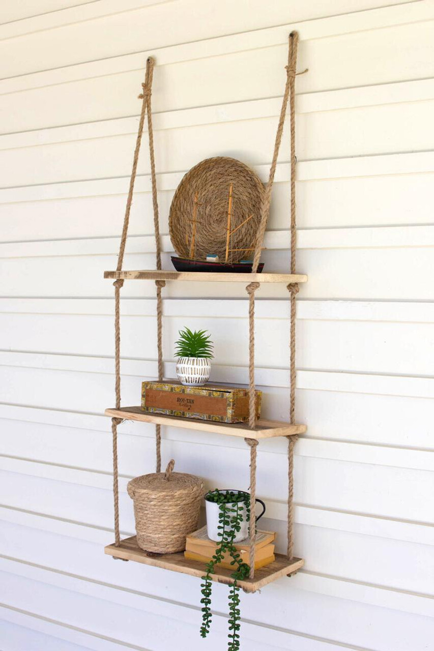 Three-Tiered Wood &amp; Rope Wall Shelf