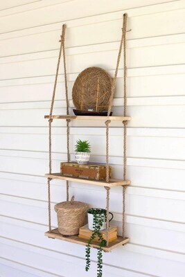 Three-Tiered Wood &amp; Rope Wall Shelf