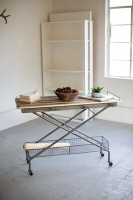 Recycled Wood Console Table w/Metal Base Basket Casters