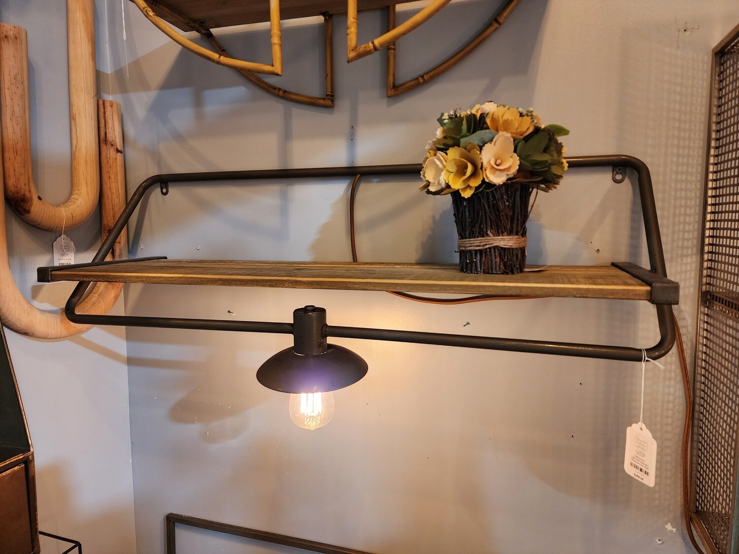 Wall Sconce Light With Recycled Wood and Iron Shelf