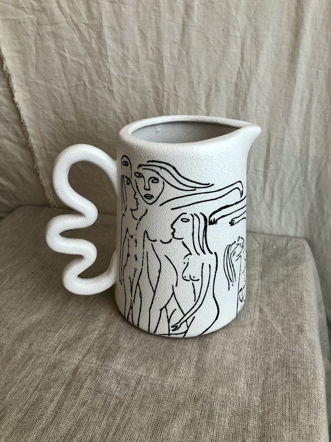 Ceramic Abstract Figure Pitcher w/Squiggle Handle