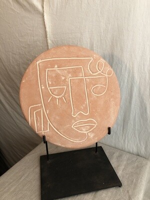 Clay Wall Hanging Plate w/Etched Face Detail I Clay Wall Hanging Plate w/Etched Face Detail I