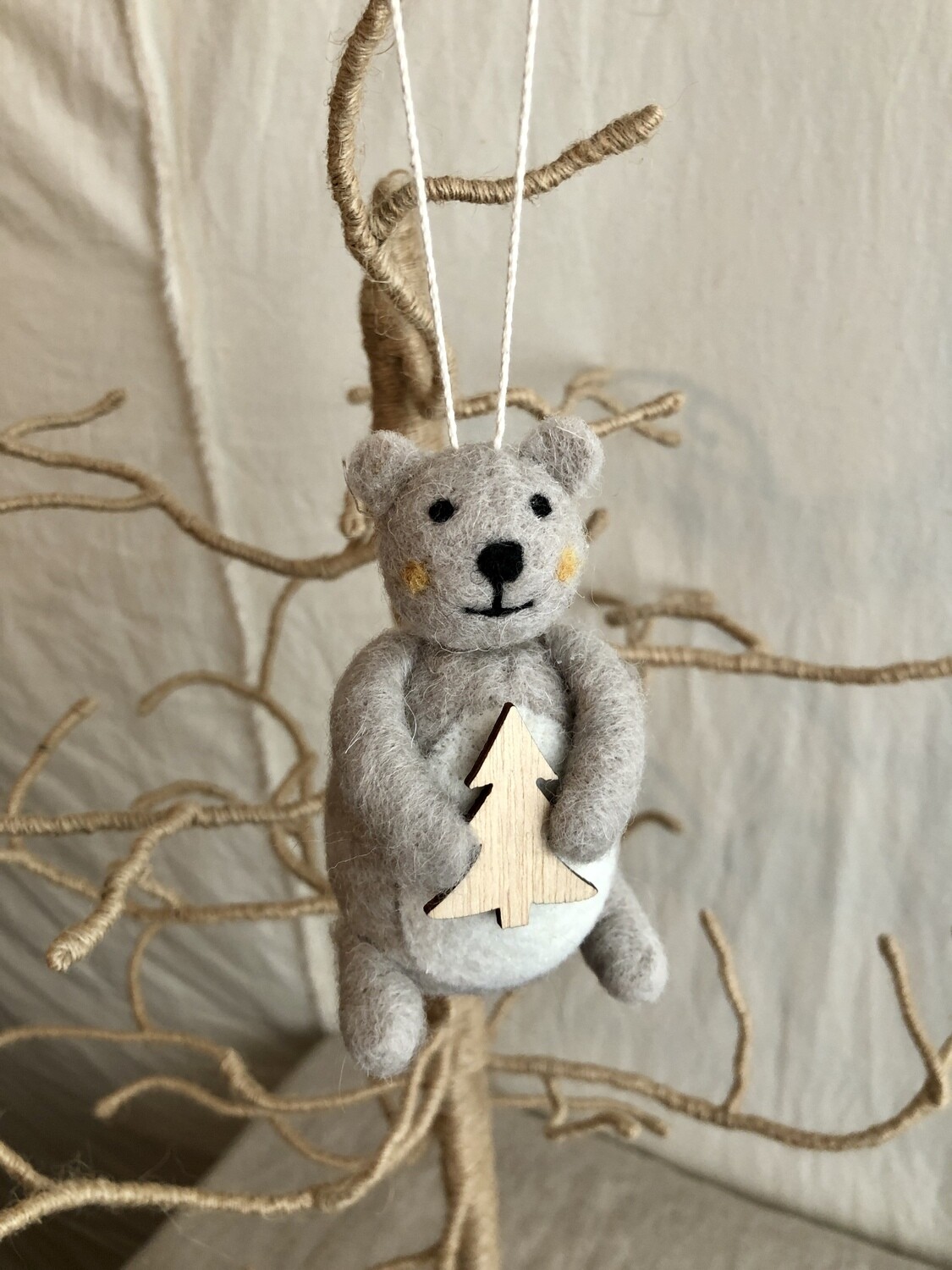 Felt Bear Holding Wooden Christmas Tree Ornament