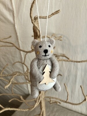Felt Bear Holding Wooden Christmas Tree Ornament