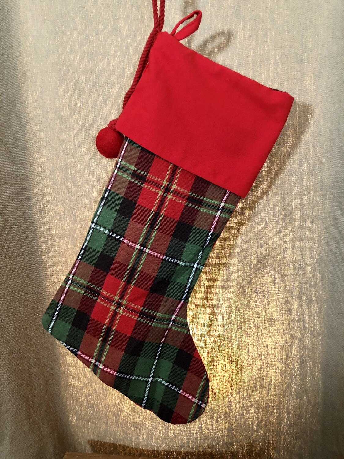 Plaid Pompon Stocking RE/WH 20" Plaid Pompon Stocking RE/WH 20"
