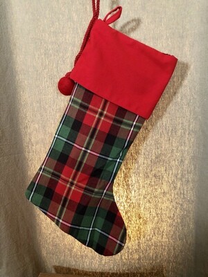 Plaid Pompon Stocking RE/WH 20" Plaid Pompon Stocking RE/WH 20"