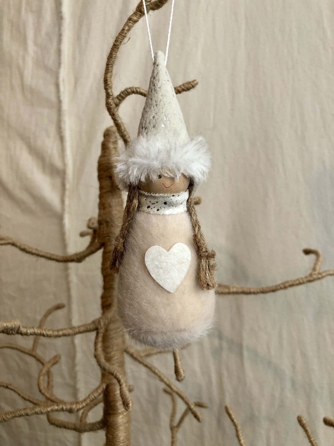 Fuzzy Heart Girl Ornament Cream