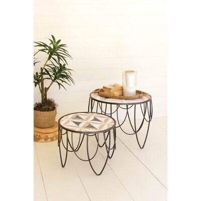 Round Carved Wood Top Accent Table w/Metal Base - Lg