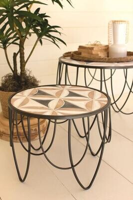 Round Carved Wood Top Accent Table w/Metal Base - Sm