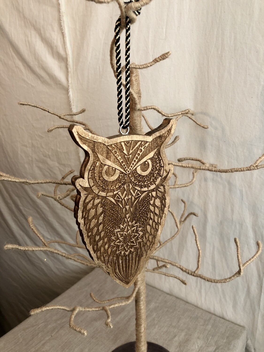 Gold Wood Owl Ornament Lg